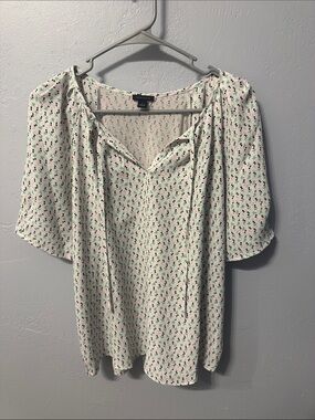 Ann Taylor White Blouse with Green & Black Floral Print